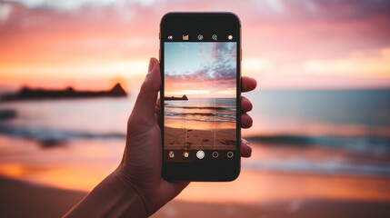 Close up hands of Woman holding mobile phone in hands and taking sunrise