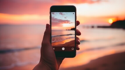 Close up hands of Woman holding mobile phone in hands and taking sunrise