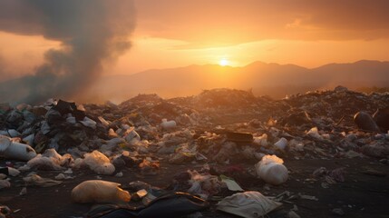 Environment concept,Close up large garbage pile near the sunset,