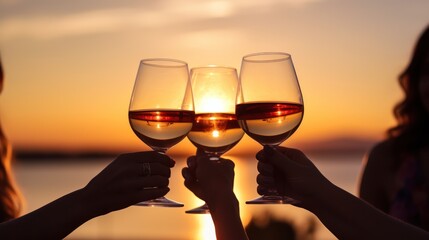  Close up of hands, silhouette of group of girlfriends raise a toast with glasses of white wine on a sunset