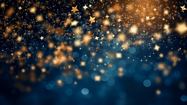 Blue background with amazing soft bokeh lights and shiny golden elements - Christmas or New Year background