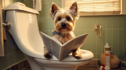 Cute little dog in the bathroom, dog and book, dog and luxurious bathroom