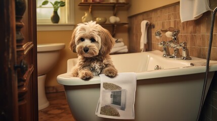 Cute little dog in the bathroom, dog and book, dog and luxurious bathroom