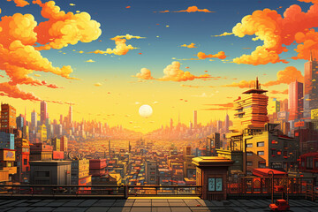 illustration of a developed city view in Japan - obrazy, fototapety, plakaty