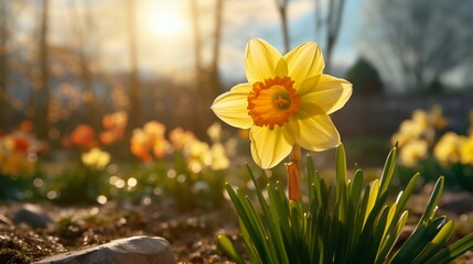 A blooming daffodil in a garden, its bright yellow petals radiating the joy and optimism of a new...