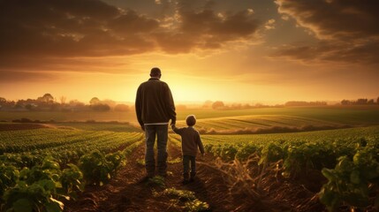 Farmland with sunset, farmer and his child walking in farmland - obrazy, fototapety, plakaty