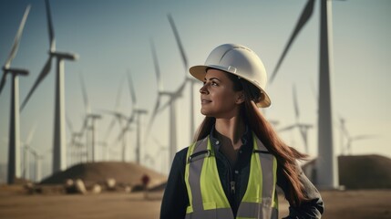 Confident female engineer with wind turbine field, engineer working on construction site