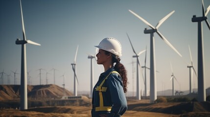 Confident female engineer with wind turbine field, engineer working on construction site - obrazy, fototapety, plakaty