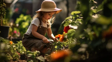 Fototapete Garten little girl daughter working in the vegetable garden ,little child and nature