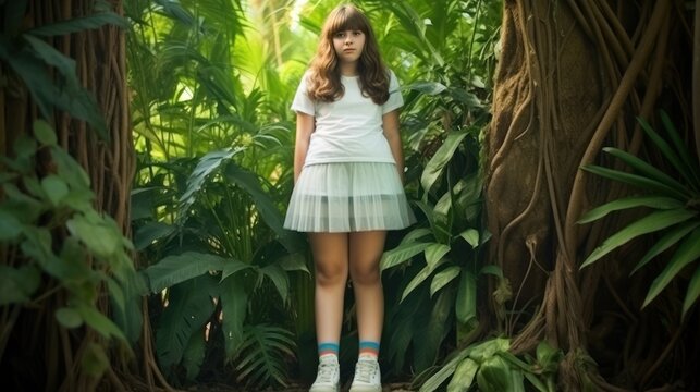 Child and nature concept, chubby teenage girl standing in tropical tree