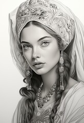 pencil drawing portrait of beautiful Caucasian girl in traditional clothes , generated by AI. High quality photo