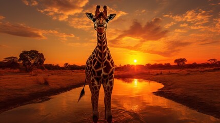 Giraffe and sunset in the African forest, wildlife and beautiful landscape. - obrazy, fototapety, plakaty