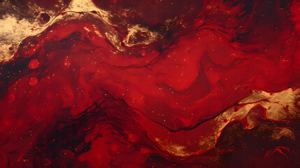 Red liquid with tints of golden glitters marble texture. Generative Ai.