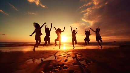 Group of people jumping at the beach against sunset background