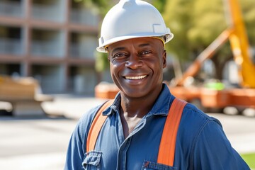 Mature Afro American happy handyman with hard hat. Worker in the plant