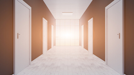 Closed doors in a modern office. 3D rendering. Sunset.