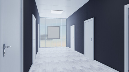 Closed doors in a modern office. 3D rendering. Mockup.   Empty paintings