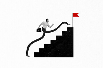 Collage of businessman running climbing upstairs reaching top prize flag having long legs double...