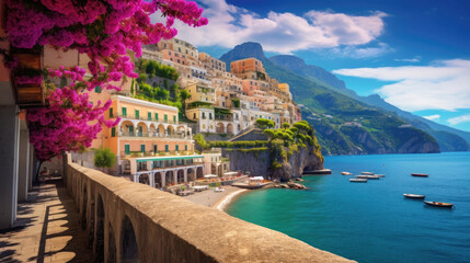beautiful view of Italy's amalfi Coast with red flowers, unique artsy architecture buildings and blue sea  created with Generative AI Technology - obrazy, fototapety, plakaty