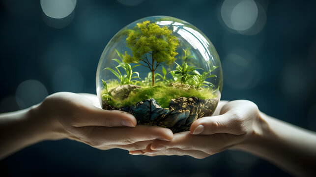 Sustainable Environment Concept with Hands Holding a Green Miniature World