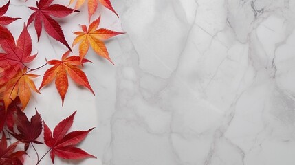 Red and orange leaf border on white marble with grey veins