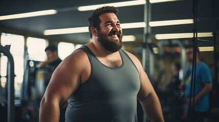 Portrait of a fat young man showing off his muscles and smiling in the gym.