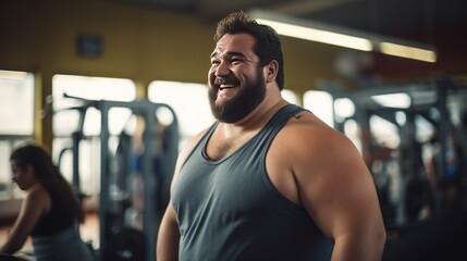 Portrait of a fat young man showing off his muscles and smiling in the gym.