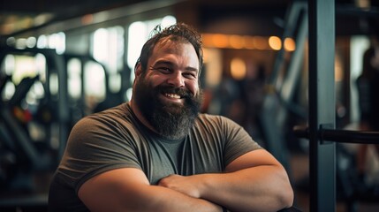 Portrait of a fat young man showing off his muscles and smiling in the gym.