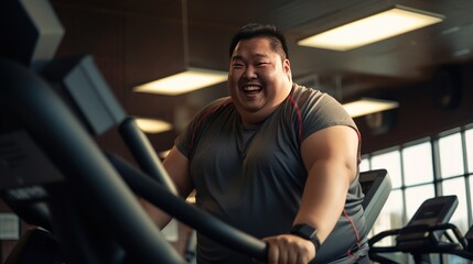 Fototapeta na wymiar Asian fat man showing muscles at exercise facility, fat man in gym