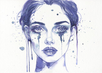 girl crying. watercolor painting. illustration