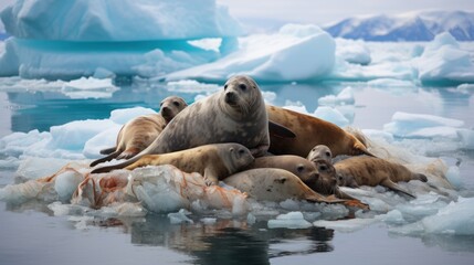 Obraz premium Environmental concept,Seals are piling up on plastic bottles and trash all over the sea,seal 