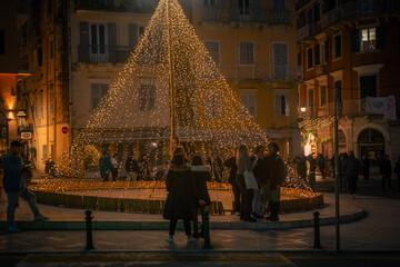 Corfu, Greece - December 11, 2022:Beautiful view of the christmas decorated Corfu during winter...