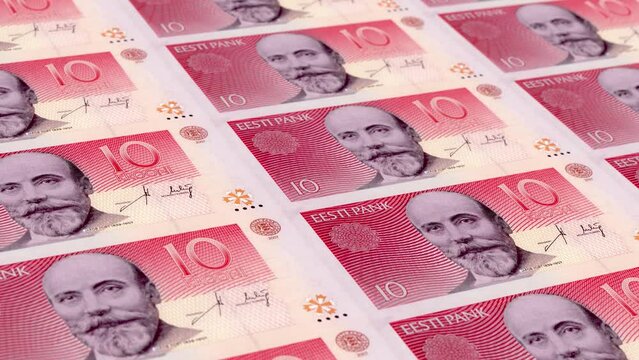 Estonia Estonian Kroon 10 Banknotes Money Printing House, Printing Ten Estonian Kroon, Printing Press Machine Print out Estonian Kroon, Being printed by currency press machine 10 Estonian