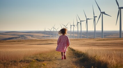 Renewable energy concept,The back of Little Girl Red Shirt is running the way to wind energy ,Wind turbines - obrazy, fototapety, plakaty