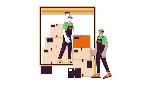 Professional movers line cartoon animation. Multicultural male shippers loading moving truck 4K video motion graphic. Couriers carrying box 2D linear animated characters isolated on white background