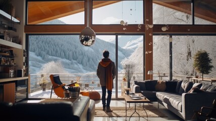 Fototapeta na wymiar Traveler enjoying weekends inside contemporary barn house in the mountains. Happy tourist looking through panoramic windows in new cottage. comeliness