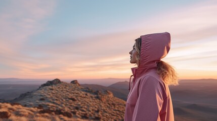 Adventure & Nature,Woman hiker in pink fleece at sunset - obrazy, fototapety, plakaty