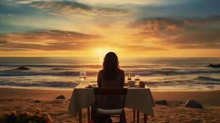 Fototapeta na wymiar Woman sitting alone, her waiting husband on table set for a romantic meal on beach sky and ocean