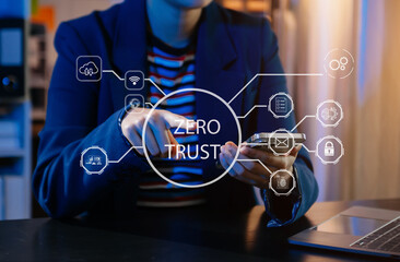 Zero trust security concept Person using computer and tablet with zero trust icon on virtual screen