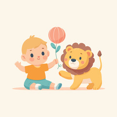 A flat vector kids' Illustration of a cute baby playing with a baby lion