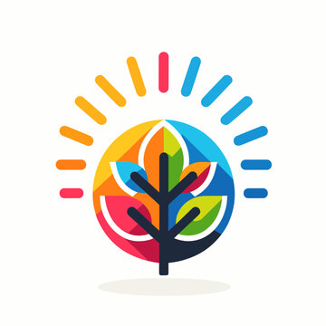 Solar power station filled colorful logo. Sapling tree and sun icon. Sustainable business value. Design element. Created with artificial intelligence. Ai art for corporate branding, website