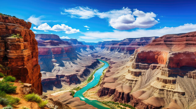 beautiful view of Grand Canyon National Park in arizona with river and layers of red rock created with Generative AI Technology