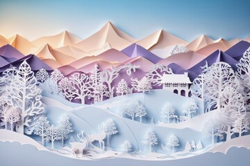 Fototapeta na wymiar Paper Cuttings Art - Winter Scenery