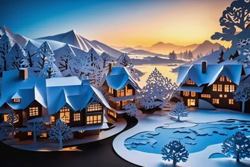 Crédence de cuisine en verre imprimé Montagnes Paper Cuttings Art - Winter Scenery