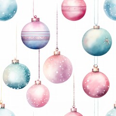 Pattern with pastel tones christmas balls in watercolour style, seamless pattern, AI generated