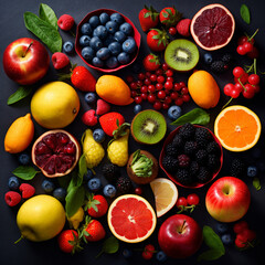 flatlay, set of full and sliced fruits, bananas, strawberries, almonds, mangoes, apples and other fruits, healthy and delicious food