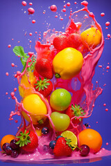 fruits with water splashes, on color background, fresh and healthy food