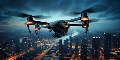 Black Scout Drones Flying Over City At Night Generation Twilight Flight With Blurred Cityscape Below. Drone Surveillance at Night: Urban View