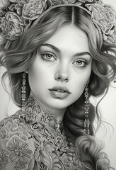 pencil drawing portrait of beautiful Caucasian girl in traditional clothes , generated by AI