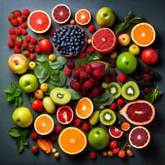 flatlay, set of full and sliced fruits, bananas, strawberries, almonds, mangoes, apples and other fruits, healthy and delicious food
